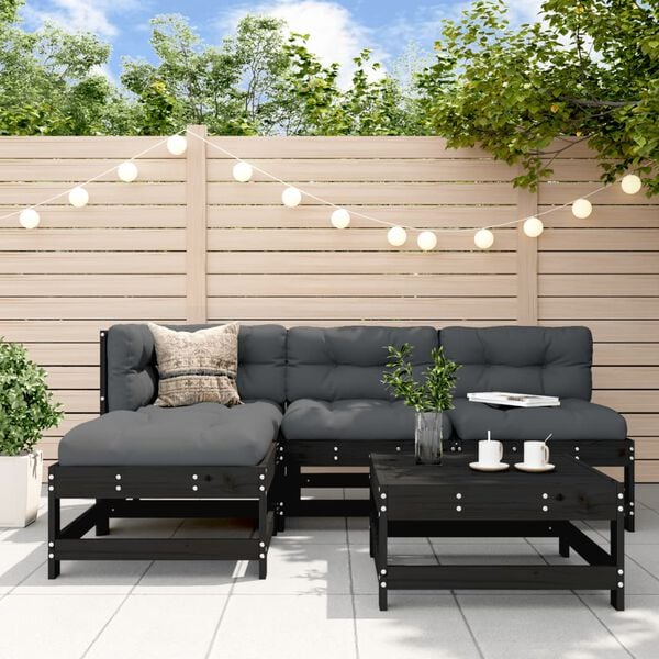 vidaXL 5 Piece Garden Lounge Set with Cushions Black Solid Wood