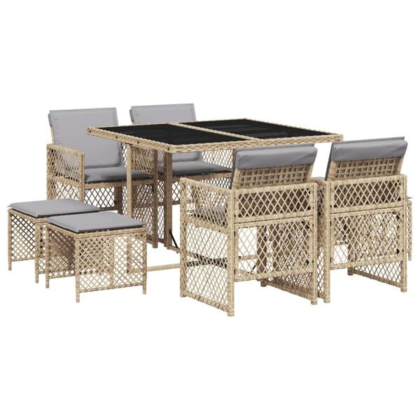 vidaXL 9 Piece Garden Dining Set with Cushions Beige Poly Rattan