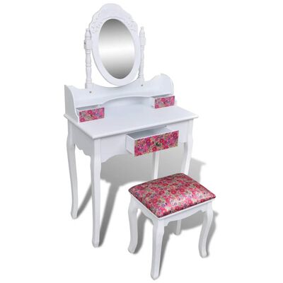vidaXL Dressing Table with Mirror and Stool Flower Pattern