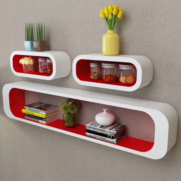 3 White-red MDF Floating Wall Display Shelf Cubes Book/DVD Storage
