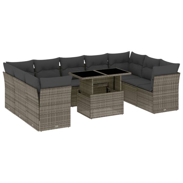 vidaXL 10 Piece Garden Sofa Set with Cushions Grey Poly Rattan