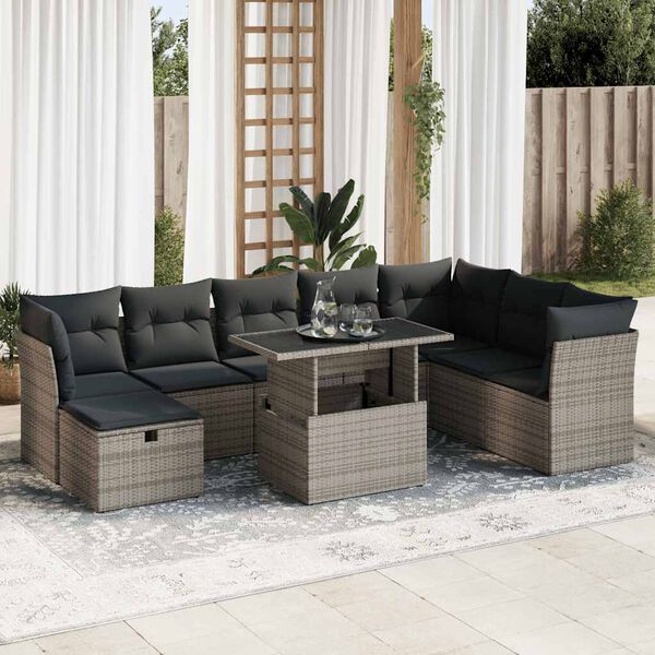 vidaXL 9 Piece Garden Sofa Set with Cushions Grey Poly Rattan
