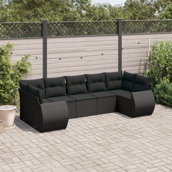 vidaXL 7 Piece Garden Sofa Set with Cushions Black Poly Rattan
