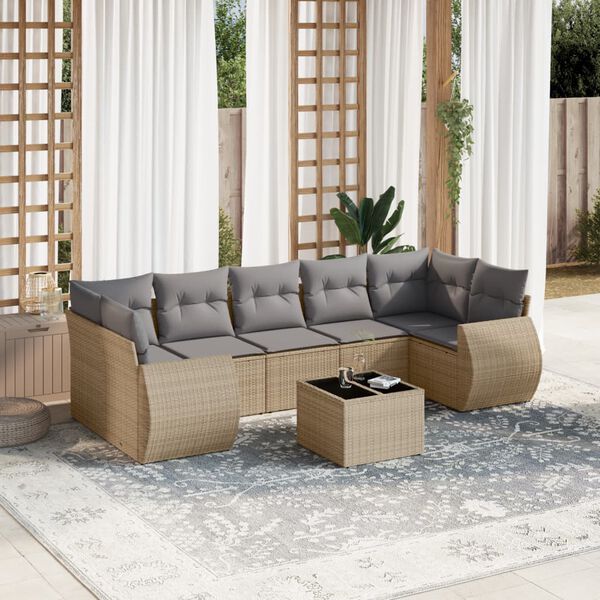 vidaXL 8 Piece Garden Sofa Set with Cushions Beige Poly Rattan