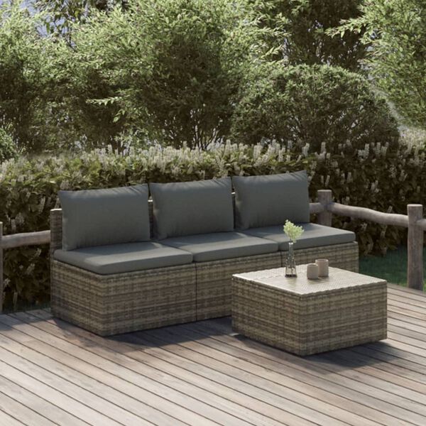 vidaXL 4 Piece Garden Lounge Set with Cushions Grey Poly Rattan