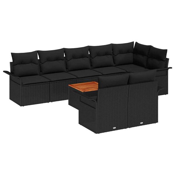 vidaXL Garden Sofa Set with Cushion 9 pcs Black Poly Rattan