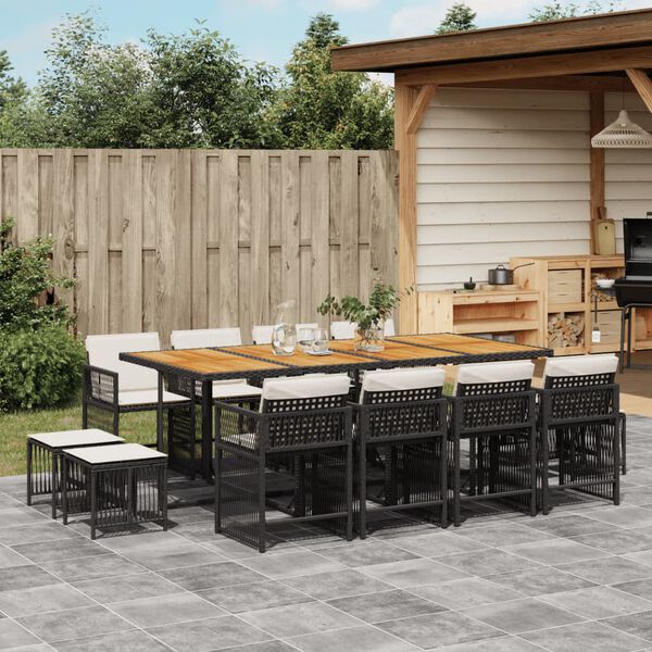 vidaXL 13 Piece Garden Dining Set with Cushions Black Poly Rattan