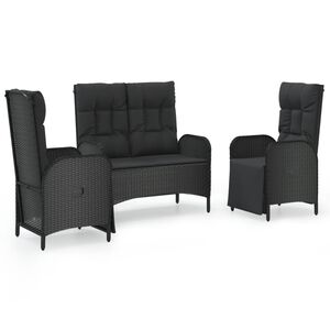 vidaXL 3 Piece Garden Dining Set with Cushions Black Poly Rattan