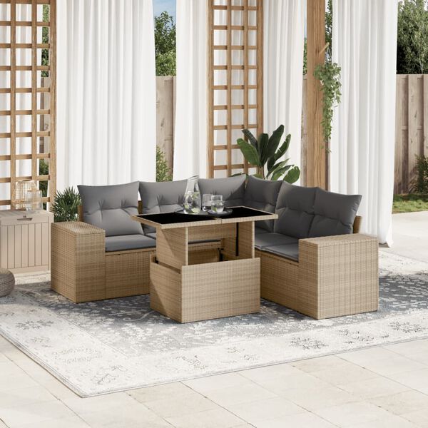 vidaXL 6 Piece Garden Sofa Set with Cushions Beige Poly Rattan