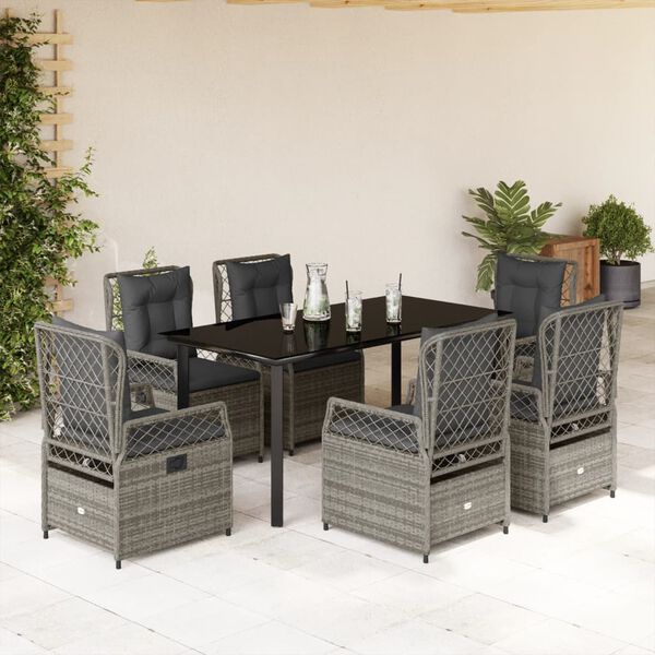 vidaXL 7 Piece Garden Dining Set with Cushions Grey Poly Rattan