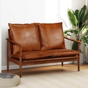vidaXL 2-Seater Sofa Real Leather with Acacia Wood Brown