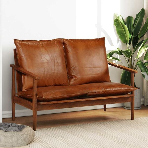 vidaXL 2-Seater Sofa Real Leather with Acacia Wood Brown