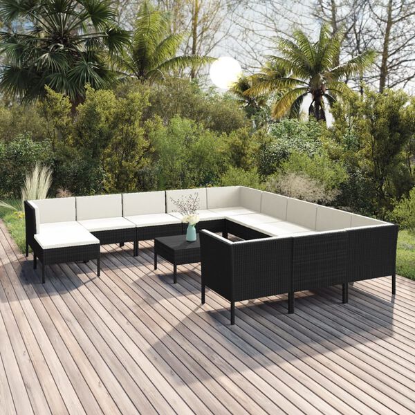 vidaXL 13 Piece Garden Lounge Set with Cushions Poly Rattan Black