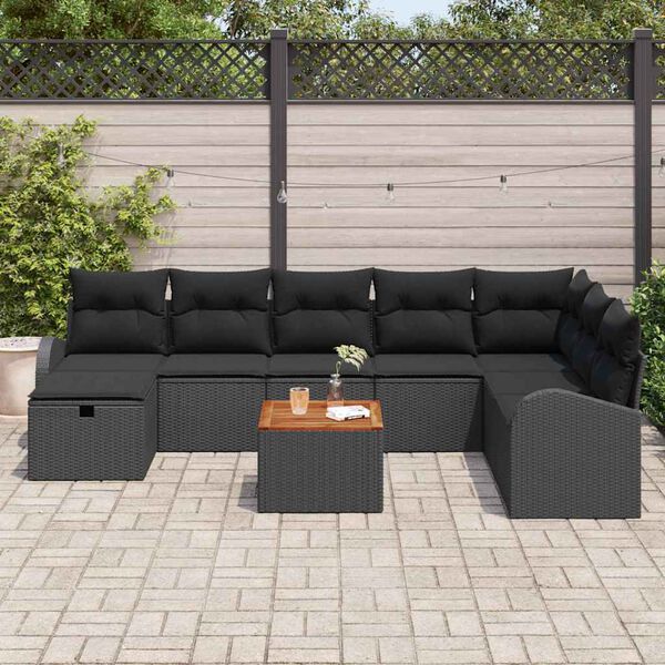 vidaXL Garden Sofa Set with Cushion 9 pcs Black Poly Rattan