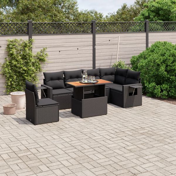 vidaXL 7 Piece Garden Sofa Set with Cushions Black Poly Rattan