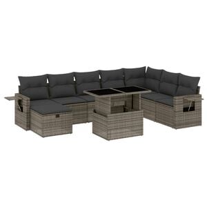 vidaXL 9 Piece Garden Sofa Set with Cushions Grey Poly Rattan