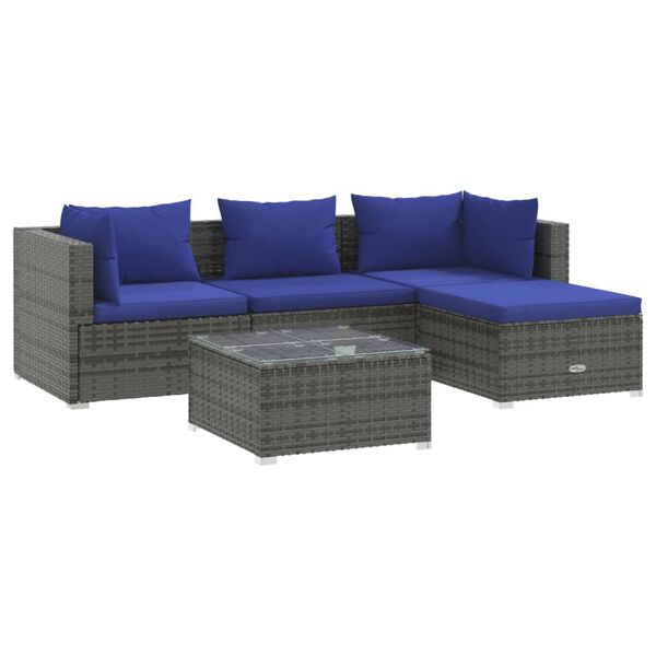 vidaXL 5 Piece Garden Lounge Set with Cushions Poly Rattan Grey