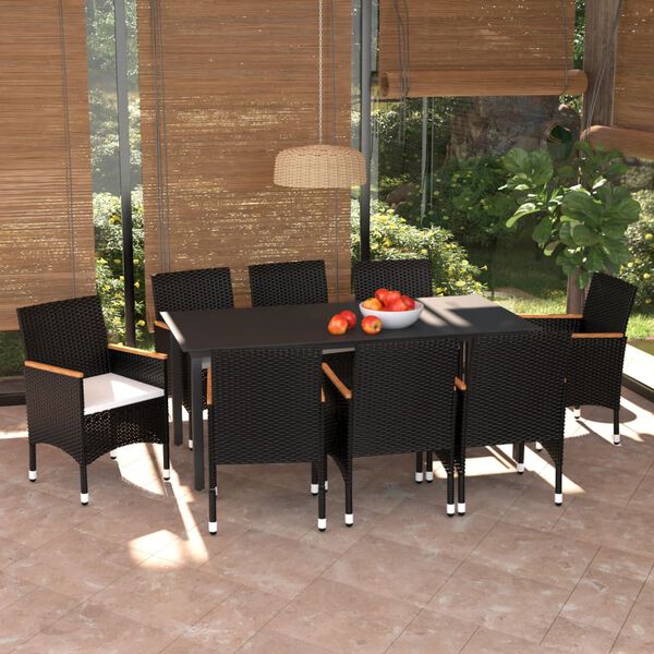 vidaXL 9 Piece Garden Dining Set with Cushions Poly Rattan Black