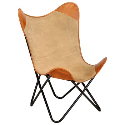 vidaXL Butterfly Chair Brown Real Leather and Canvas