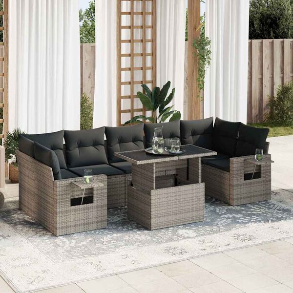 vidaXL 8 Piece Garden Sofa Set with Cushions Grey Poly Rattan
