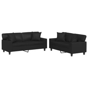 vidaXL 2 Piece Sofa Set with Pillows Black Faux Leather