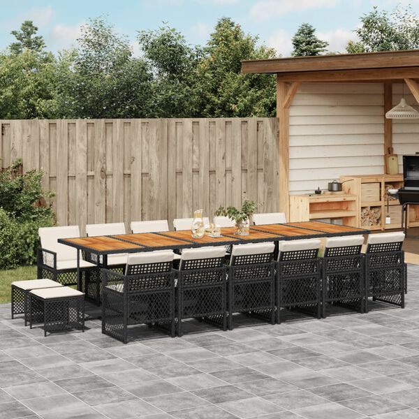 vidaXL 17 Piece Garden Dining Set with Cushions Black Poly Rattan