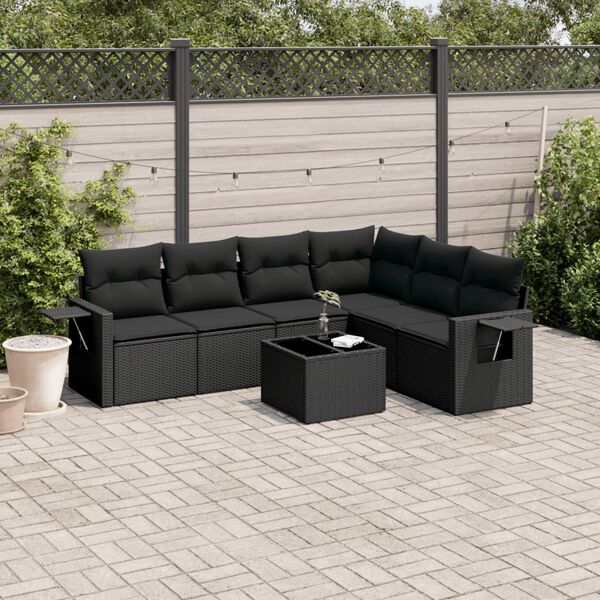 vidaXL 7 Piece Garden Sofa Set with Cushions Black Poly Rattan