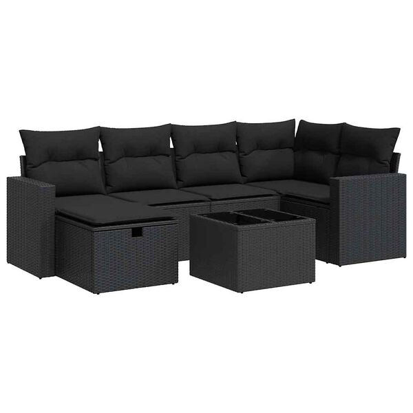 vidaXL 7 Piece Garden Sofa Set with Cushions Black Poly Rattan
