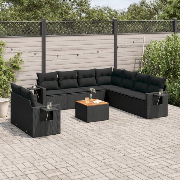 vidaXL 10 Piece Garden Sofa Set with Cushions Black Poly Rattan