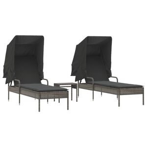 vidaXL Sun Loungers 2 pcs with Canopies and Table Grey Poly Rattan