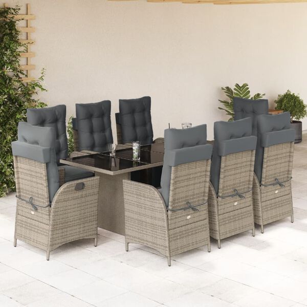 vidaXL 9 Piece Garden Dining Set with Cushions Grey Poly Rattan