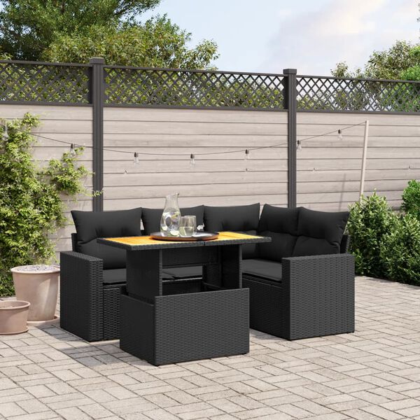 vidaXL 5 Piece Garden Sofa Set with Cushions Black Poly Rattan