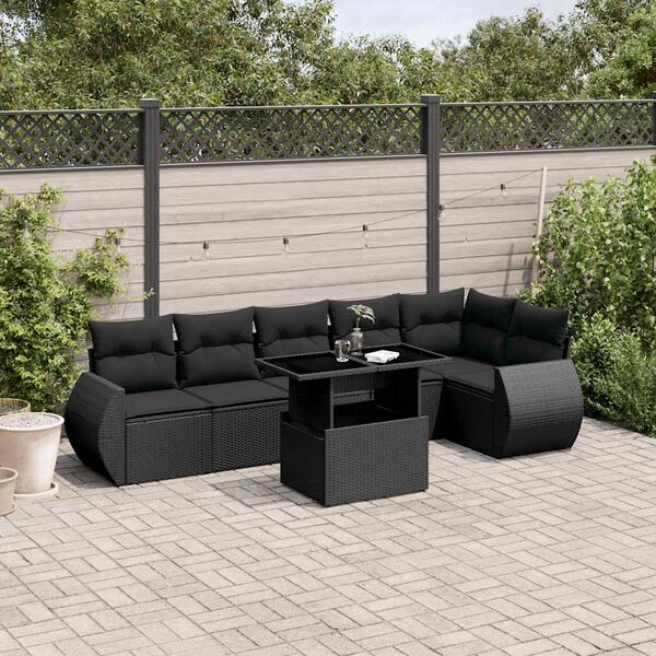 vidaXL 7 Piece Garden Sofa Set with Cushions Black Poly Rattan