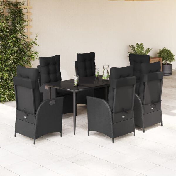 vidaXL 7 Piece Garden Dining Set with Cushions Black Poly Rattan