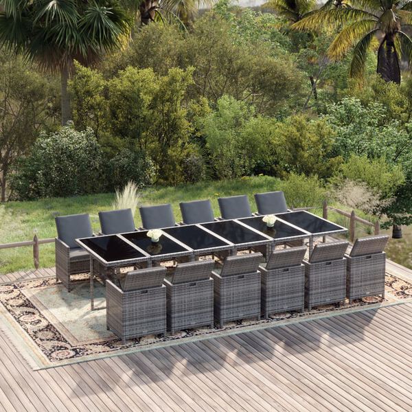 vidaXL 13 Piece Garden Dining Set with Cushions Poly Rattan Grey