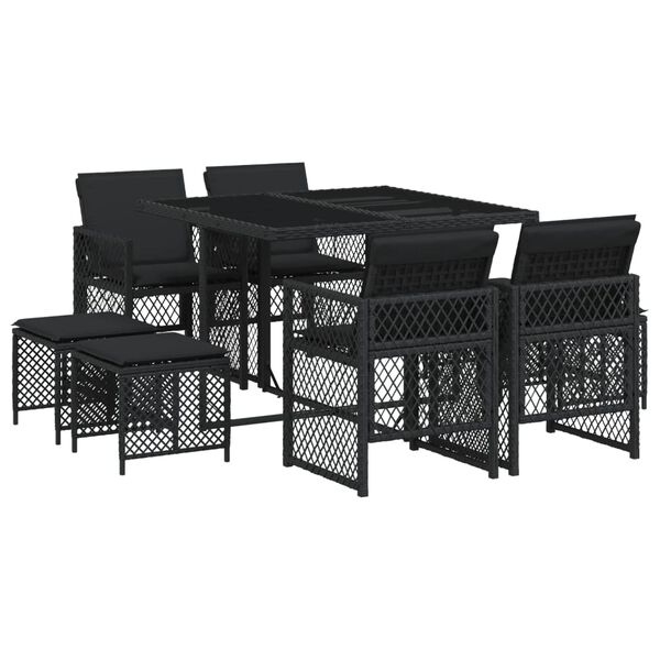 vidaXL 9 Piece Garden Dining Set with Cushions Black Poly Rattan