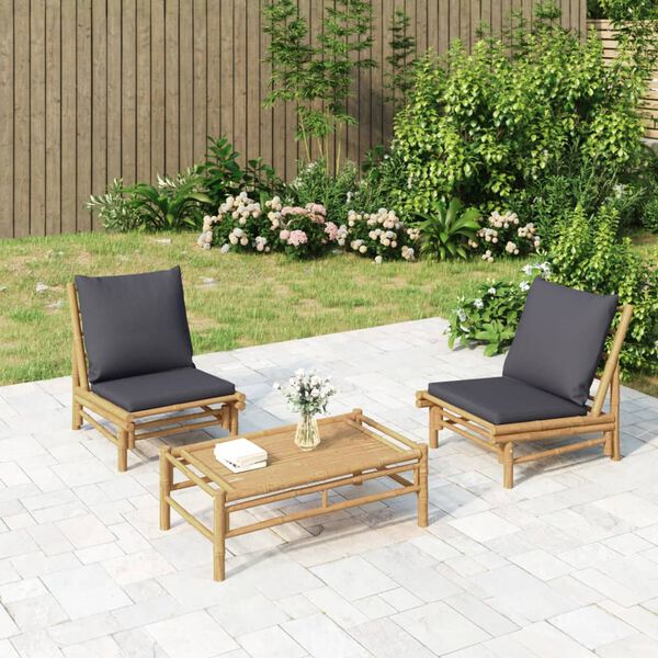 vidaXL 3 Piece Garden Lounge Set with Dark Grey Cushions Bamboo