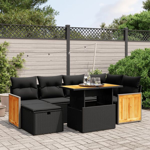 vidaXL 7 Piece Garden Sofa Set with Cushions Black Poly Rattan