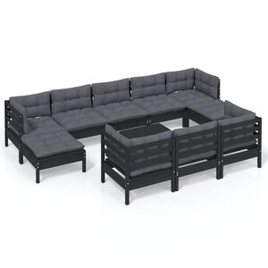 vidaXL 11 Piece Garden Lounge Set with Cushions Black Solid Pinewood