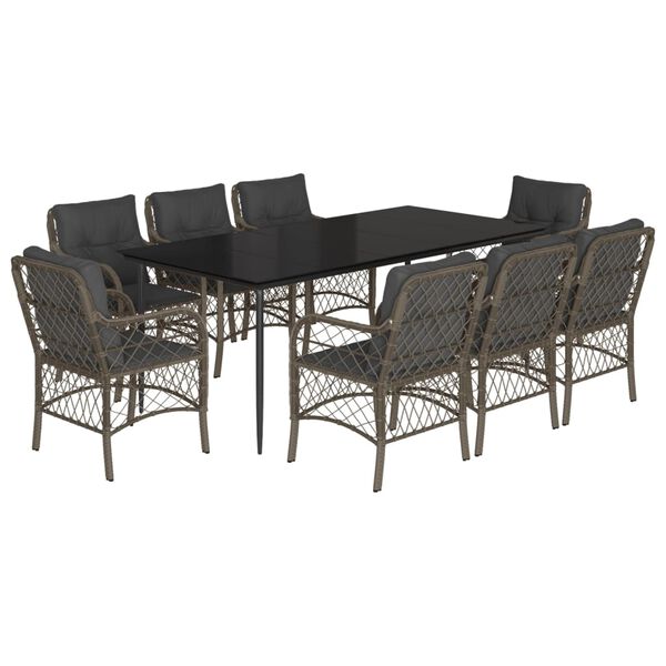 vidaXL 9 Piece Garden Dining Set with Cushions Grey Poly Rattan