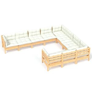 vidaXL 10 Piece Garden Lounge Set with Cream Cushions Pinewood