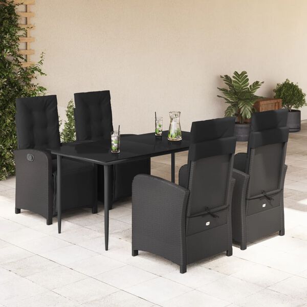vidaXL 5 Piece Garden Dining Set with Cushions Black Poly Rattan
