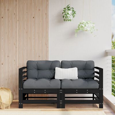 vidaXL Corner Sofas with Cushions 2 pcs Black Solid Wood Pine