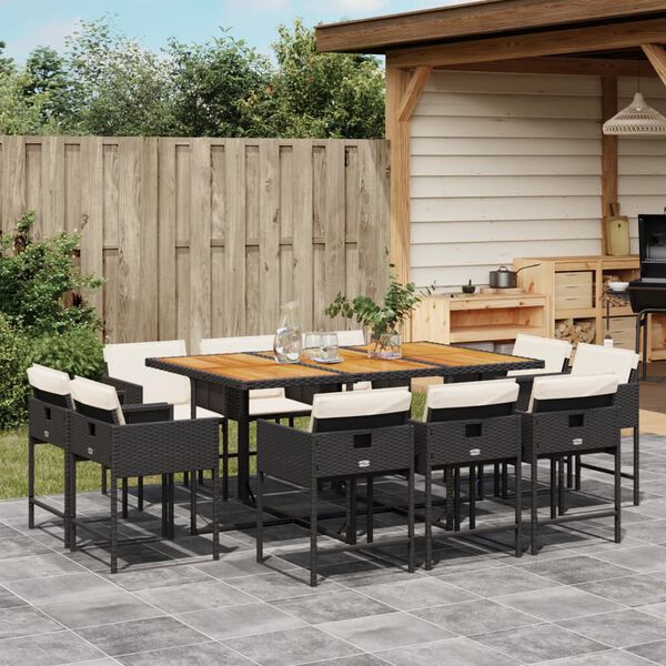 vidaXL 11 Piece Garden Dining Set with Cushions Black Poly Rattan
