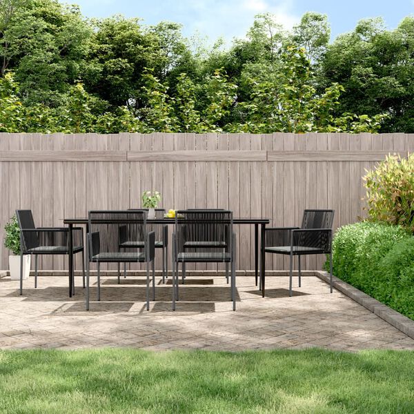 vidaXL 7 Piece Garden Dining Set with Cushions Black Poly Rattan and Steel
