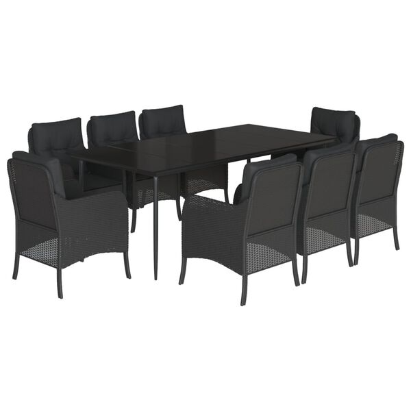 vidaXL 9 Piece Garden Dining Set with Cushions Black Poly Rattan