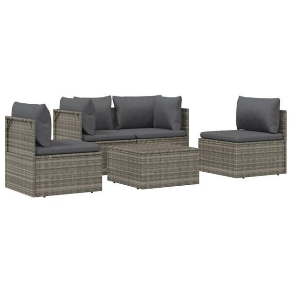 vidaXL 5 Piece Garden Lounge Set with Cushions Grey Poly Rattan