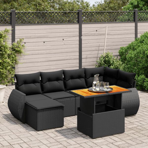 vidaXL 7 Piece Garden Sofa Set with Cushions Black Poly Rattan