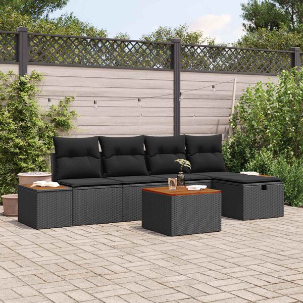 vidaXL Garden Sofa Set with Pillow 6 pcs Black Poly rattan