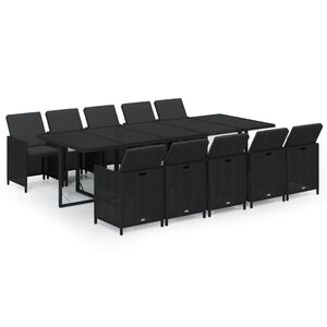 vidaXL 11 Piece Garden Dining Set with Cushions Poly Rattan Black